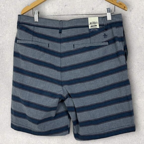 NWT Original Penguin 8inch Striped Chino Shorts Slim Fit Stretch Blue Size 33 Be - Picture 3 of 14